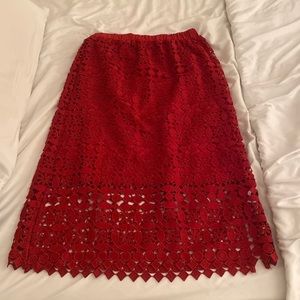 Red midi lace overlay skirt